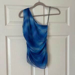 One shoulder blue mesh top
